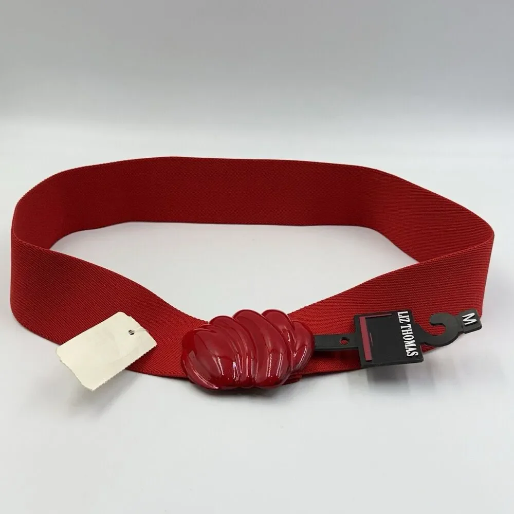 Women's Belt Size M Red Stretch Elastic Cinch Shell Buckle Wide Casual Dress
